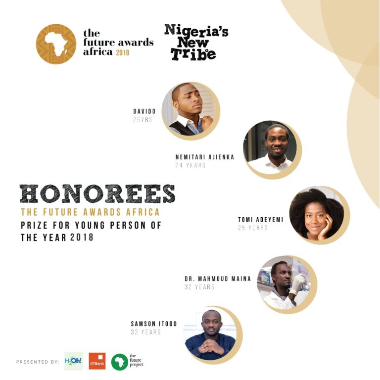 Davido, Samson Itodo, Tomi Adeyemi, Nemitari Ajienka and Mahmoud Maina contend for The Future Awards Africa Prize for Young Person of the Year 2018